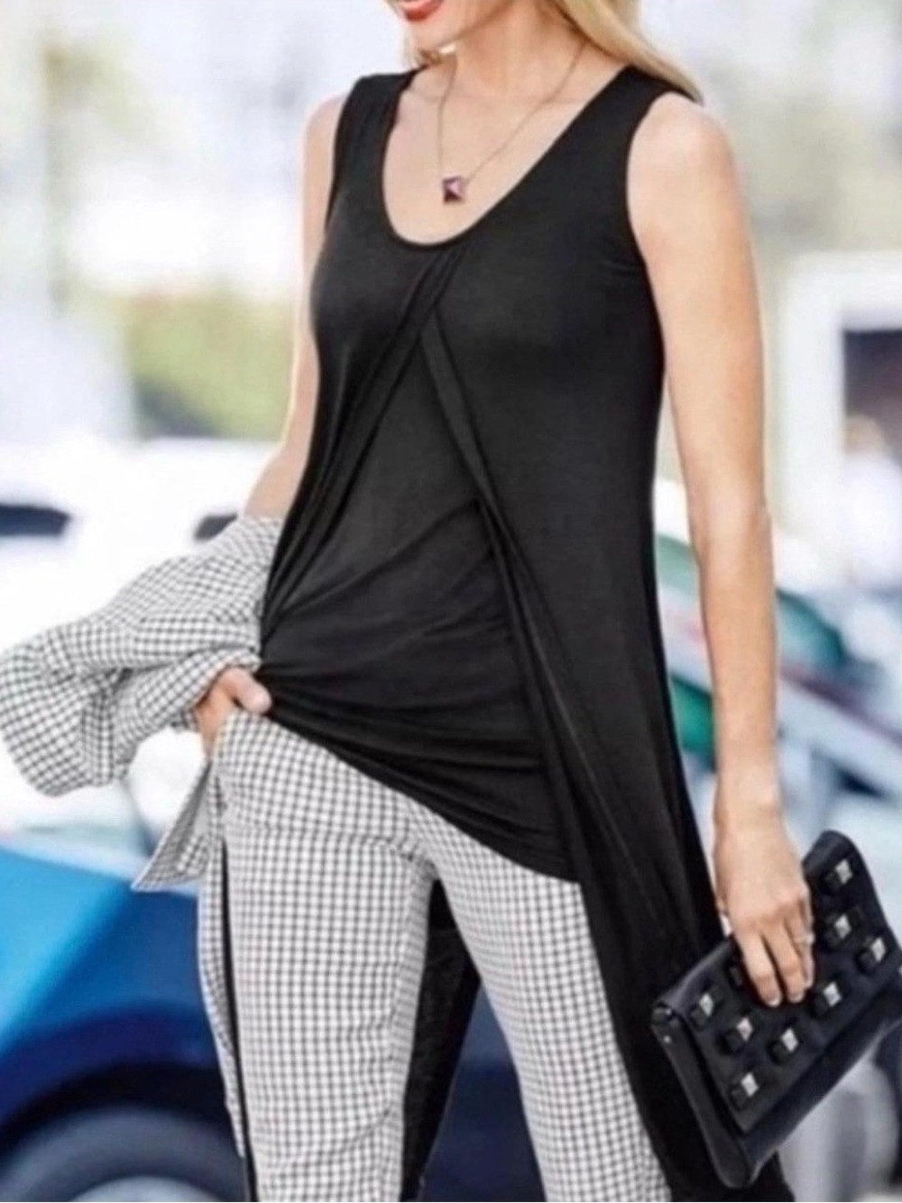 Cabi Women's S Knit Beyond Tee Stretch Black Sleeveless Casual Career Tunic Yoga